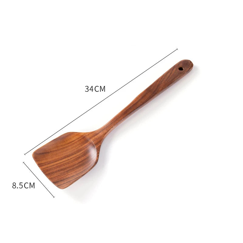 2Pcs Wooden Spatula Acacia Wood Long Handle Flat Frying