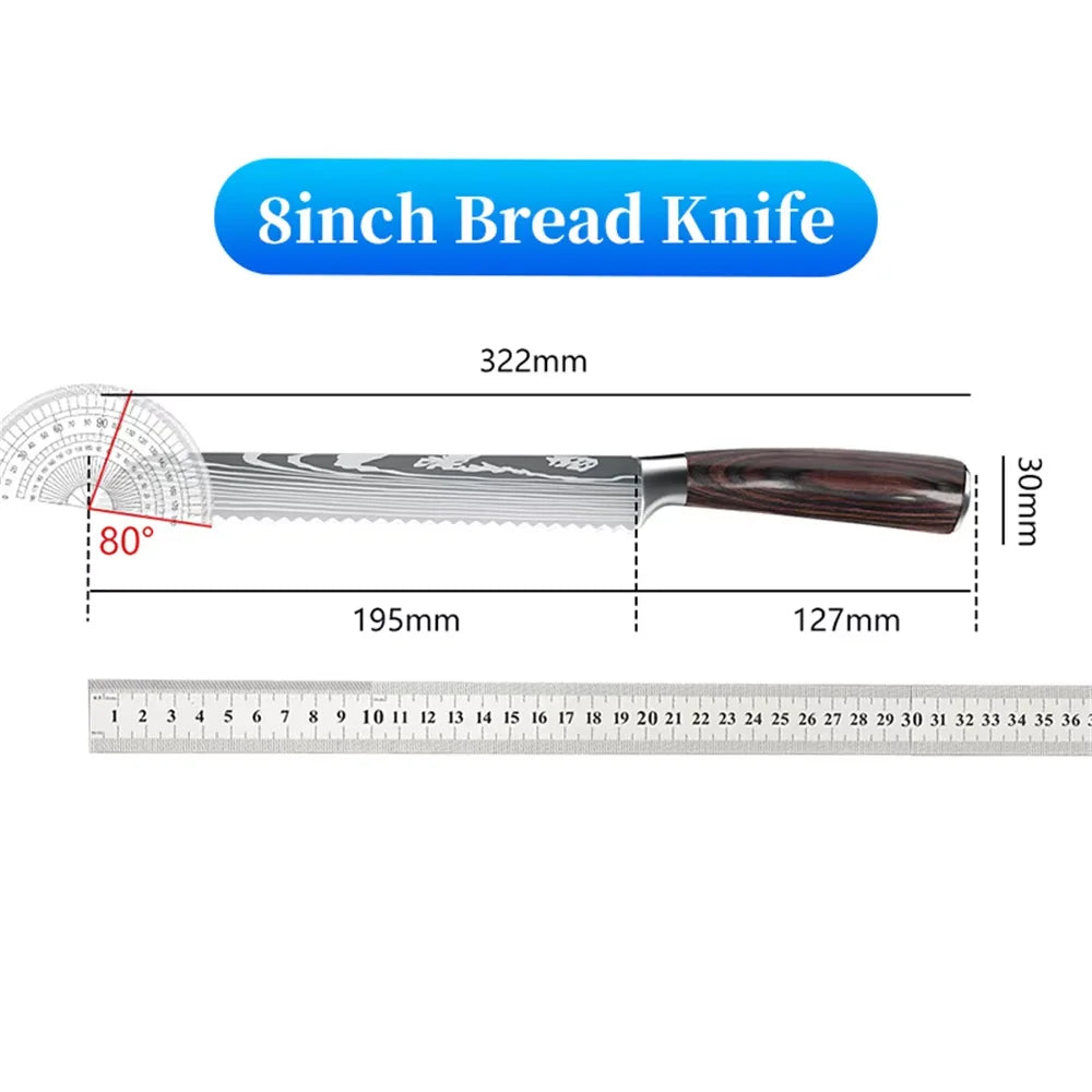 Kitchen Bread Knife Serrated Design Laser Damascus Wood Handle