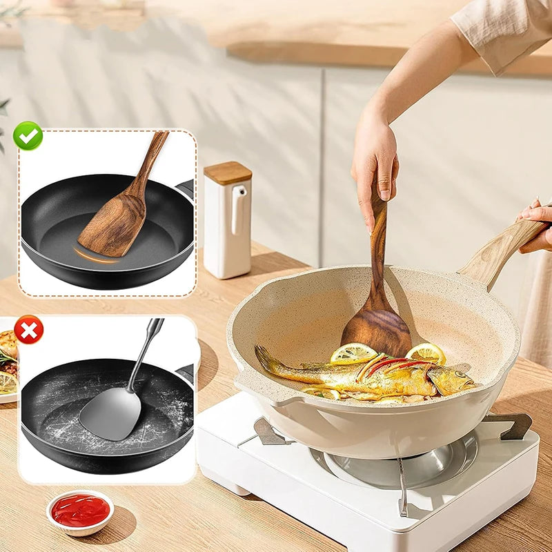 2Pcs Wooden Spatula Acacia Wood Long Handle Flat Frying