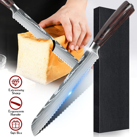 Kitchen Bread Knife Serrated Design Laser Damascus Wood Handle