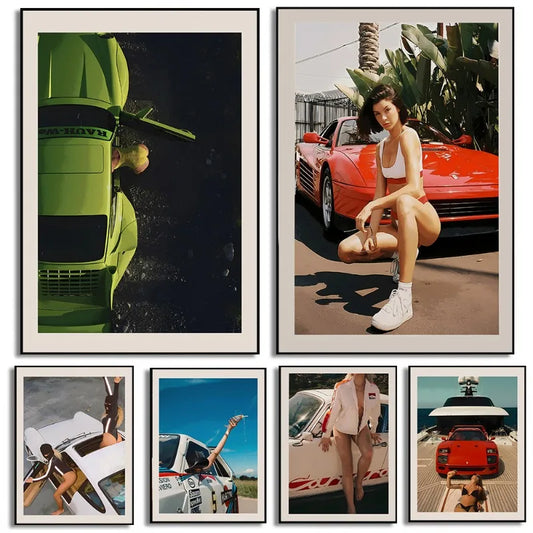 Vintage Supercar Girl Poster Retro Trendy Car Motorsport Wine Glasses