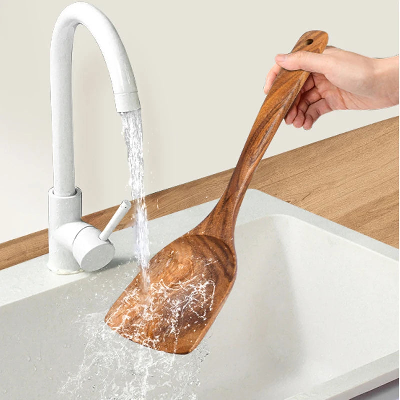 2Pcs Wooden Spatula Acacia Wood Long Handle Flat Frying