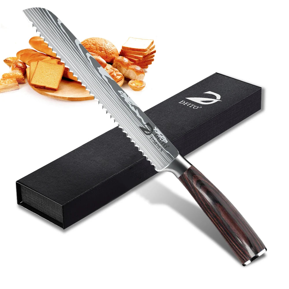 Kitchen Bread Knife Serrated Design Laser Damascus Wood Handle