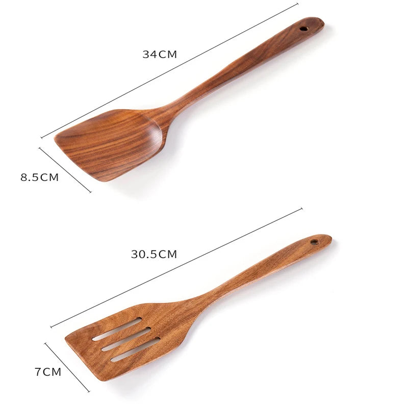 2Pcs Wooden Spatula Acacia Wood Long Handle Flat Frying