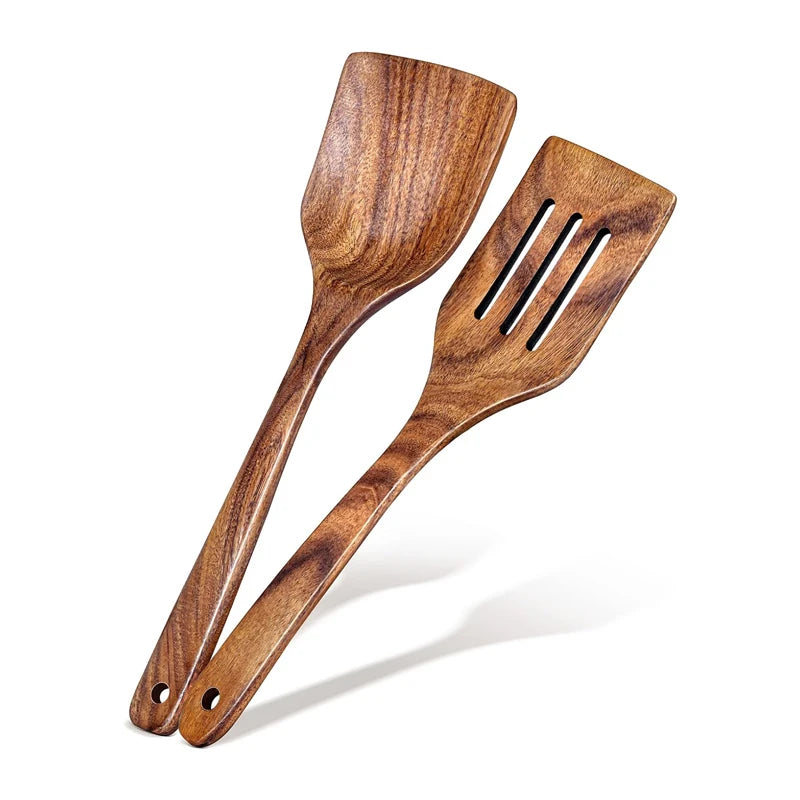 2Pcs Wooden Spatula Acacia Wood Long Handle Flat Frying