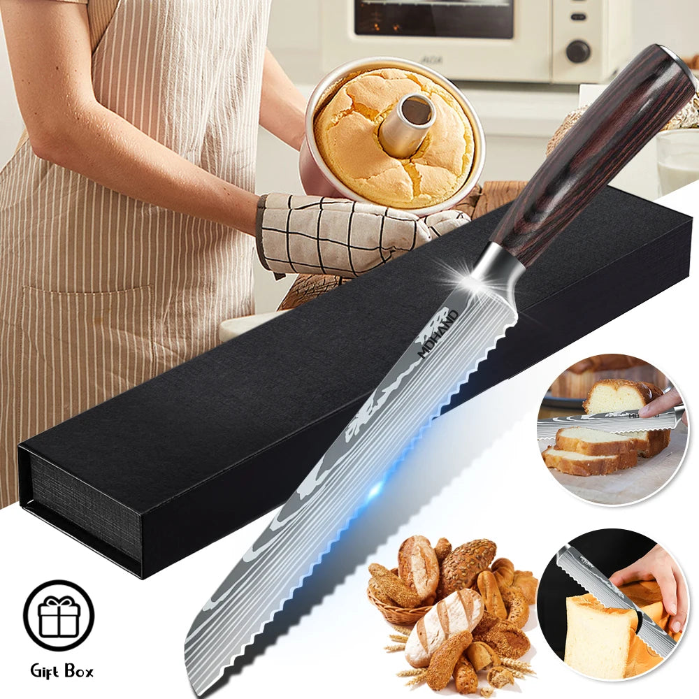 Kitchen Bread Knife Serrated Design Laser Damascus Wood Handle