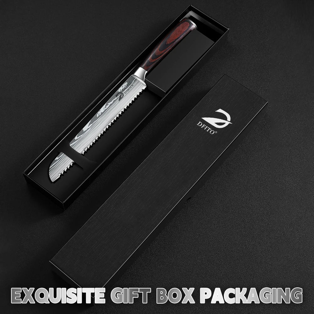 Kitchen Bread Knife Serrated Design Laser Damascus Wood Handle