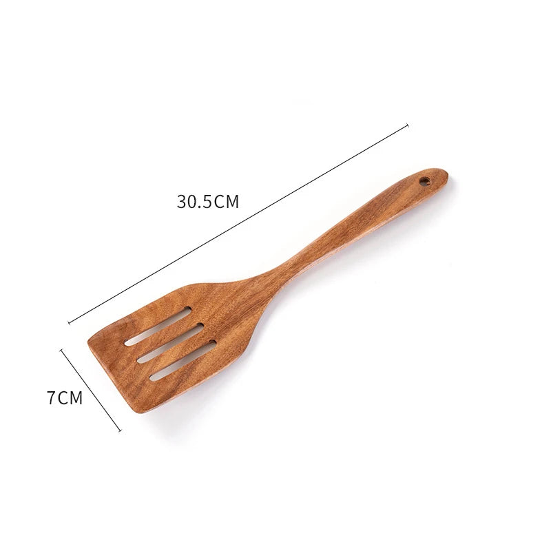 2Pcs Wooden Spatula Acacia Wood Long Handle Flat Frying